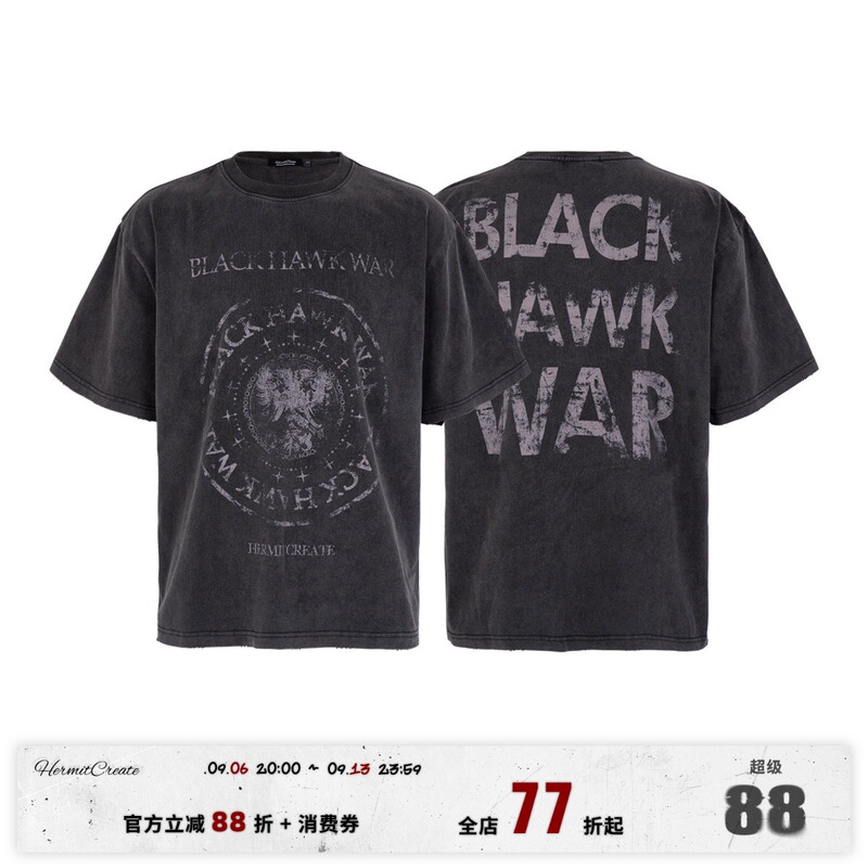 Hc/Hermitcreate Washed Vintage Series War Black Hawk T-Shirt Short Sleeve Street Fashion Loose Boxy
