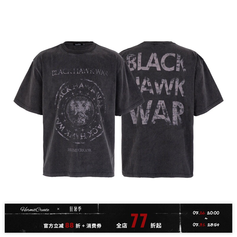 Hc/Hermitcreate Washed Vintage Series War Black Hawk T-Shirt Short Sleeve Street Fashion Loose Boxy Hc/Hermitcreate Washed Vintage Series War Black Hawk T-Shirt Short Sleeve Street Fashion Loose Boxy
