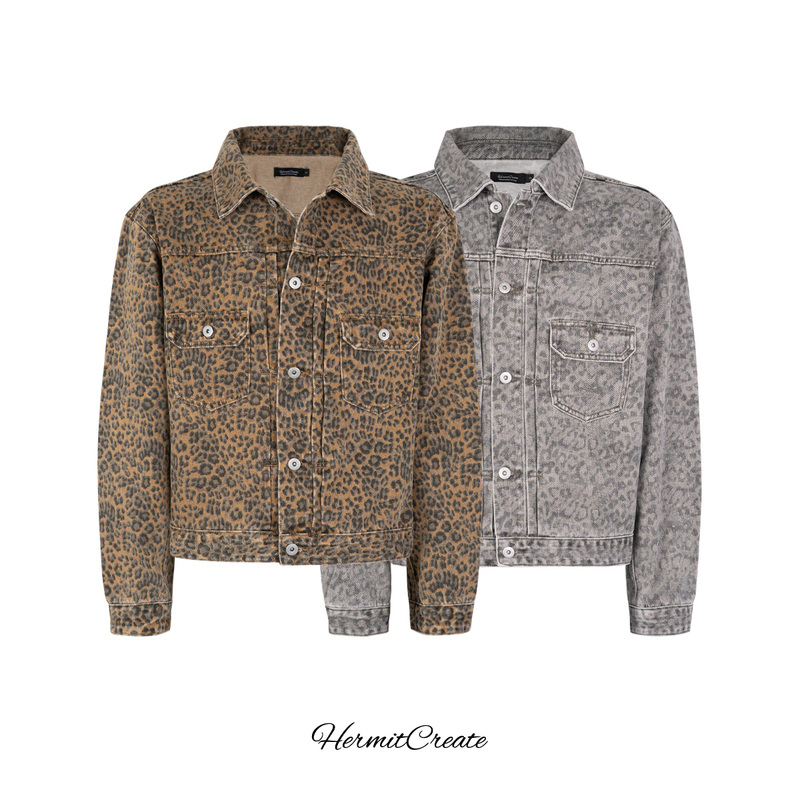 Hc/Hermitcreate Distressed Washed Leopard Print Five-Star Jacket Short Wide Denim Street Style Vintage Hc/Hermitcreate Distressed Washed Leopard Print Five-Star Jacket Short Wide Denim Street Style Vintage