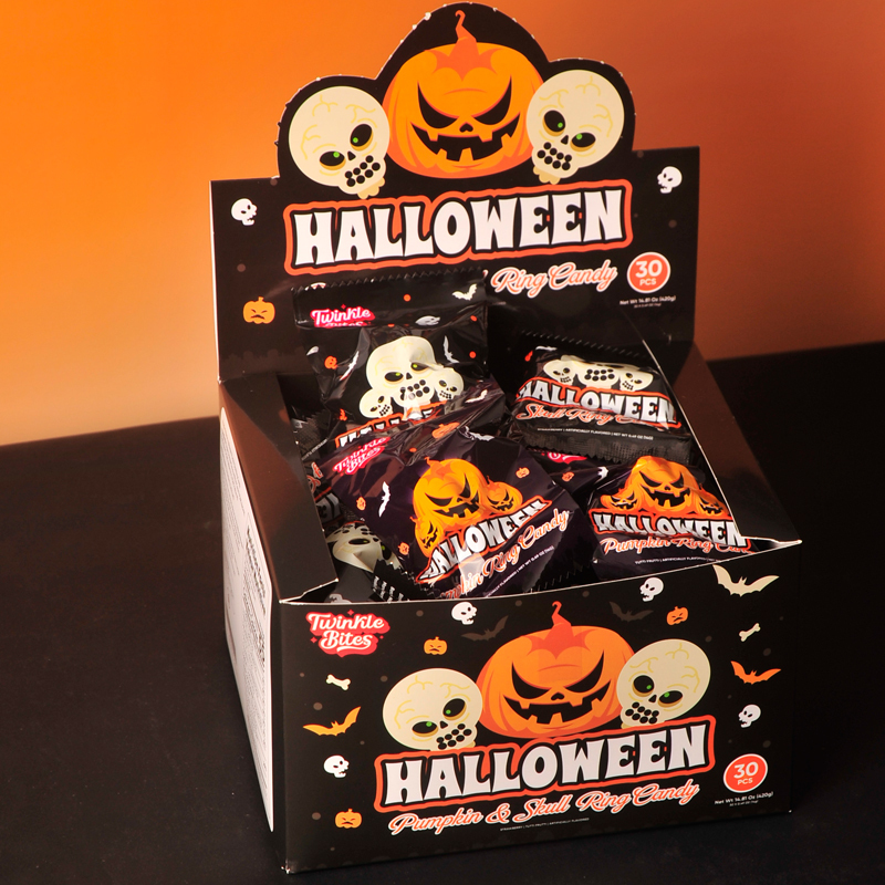 Halloween Candy Gift Box with Pumpkin and Skull Shapes, Children's Snacks, Ring Candy, Lollipops, Prank Party Fun