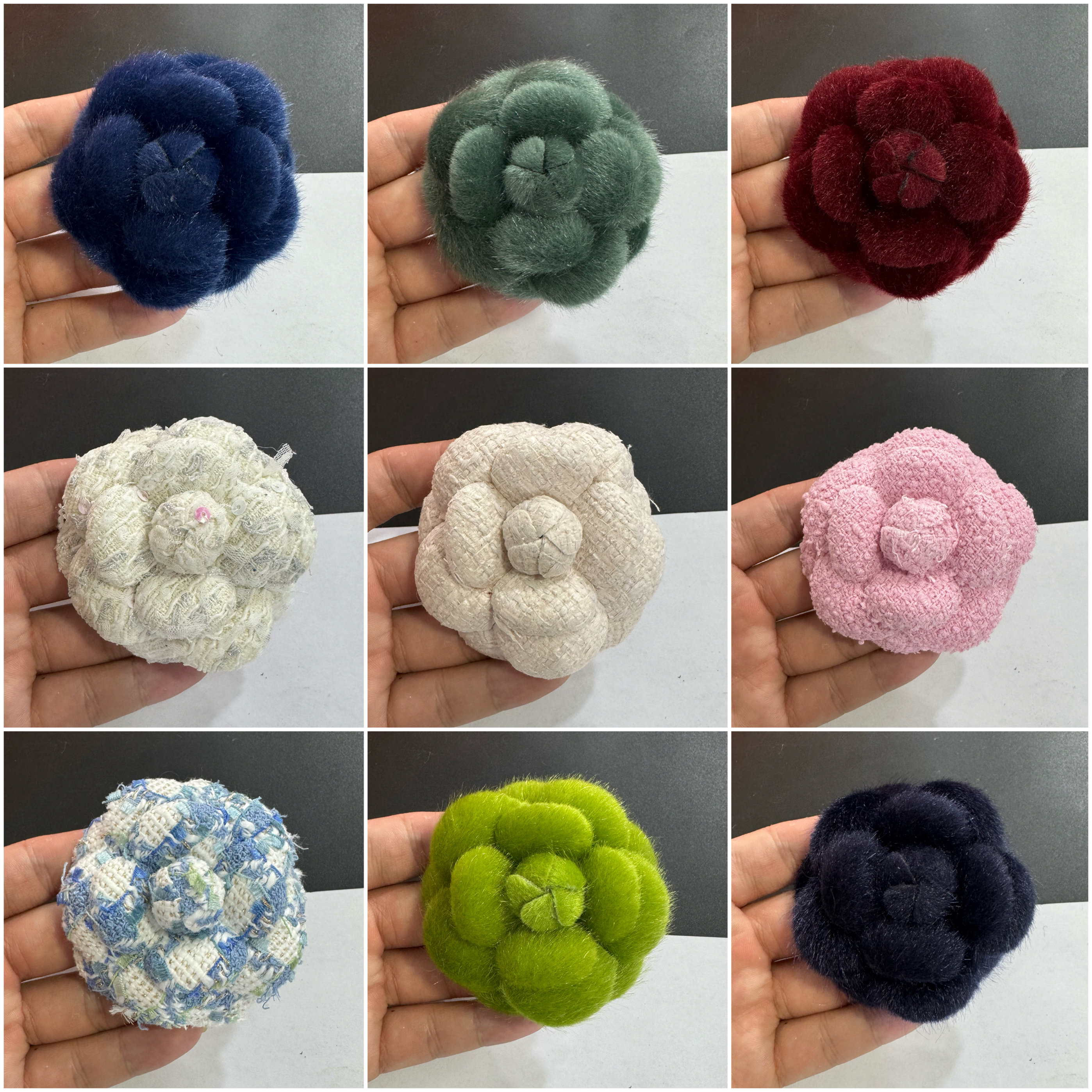 新款6.8cm56个色高端小香风粗花尼定型山茶花饰品胸花加胸针发夹