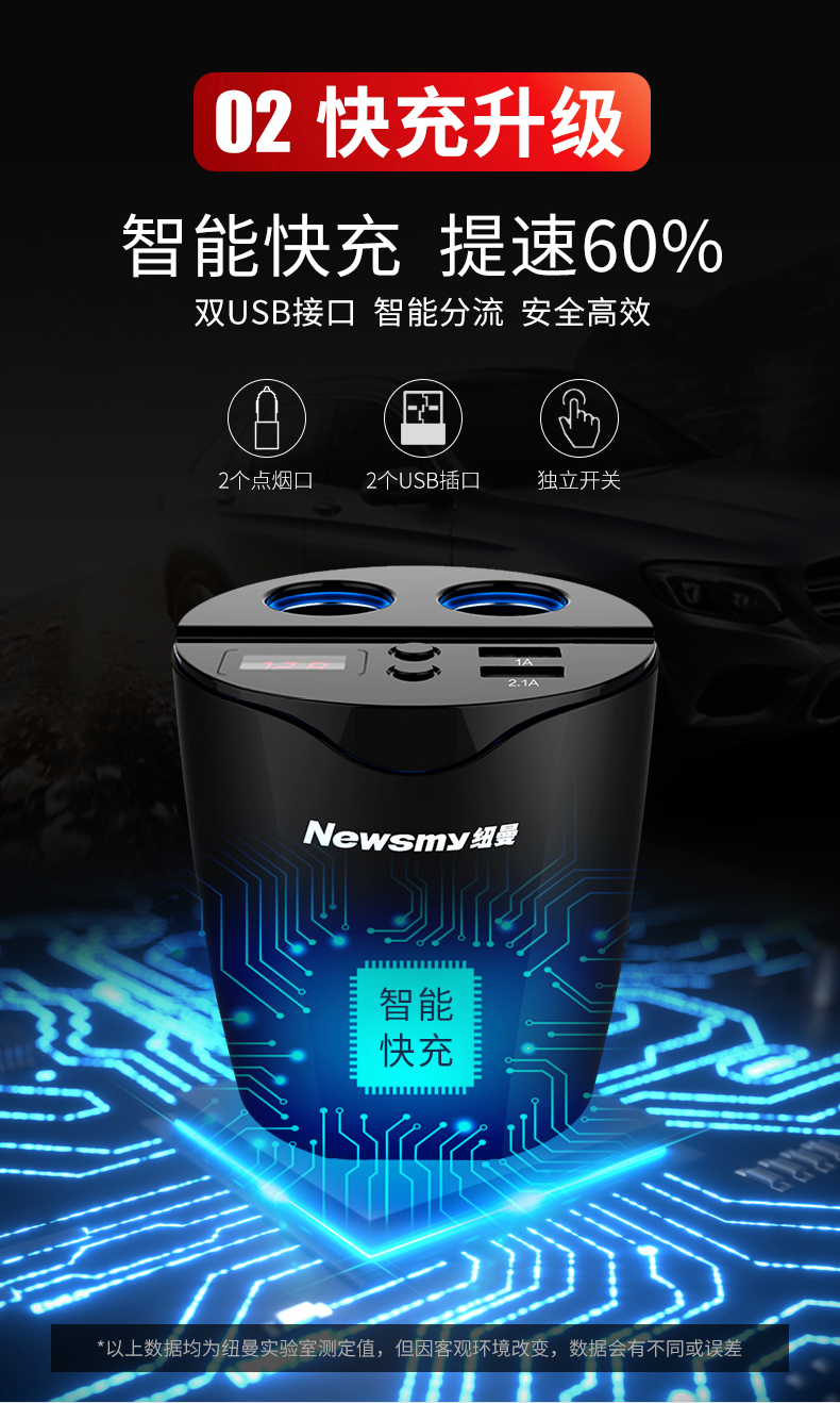 纽曼 NM18 杯式车载充电器 点烟器一拖二 双USB 图3