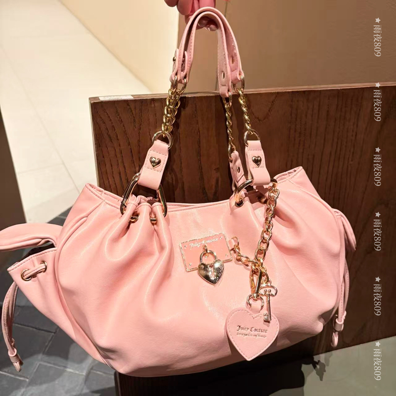 Correct Version of Juicy Couture Cherry Blossom Pink Pleated Tote Bag with Heart Lock Chain Underarm Bag American Sweet Girl Style Correct Version of Juicy Couture Cherry Blossom Pink Pleated Tote Bag with Heart Lock Chain Underarm Bag American Sweet Girl Style