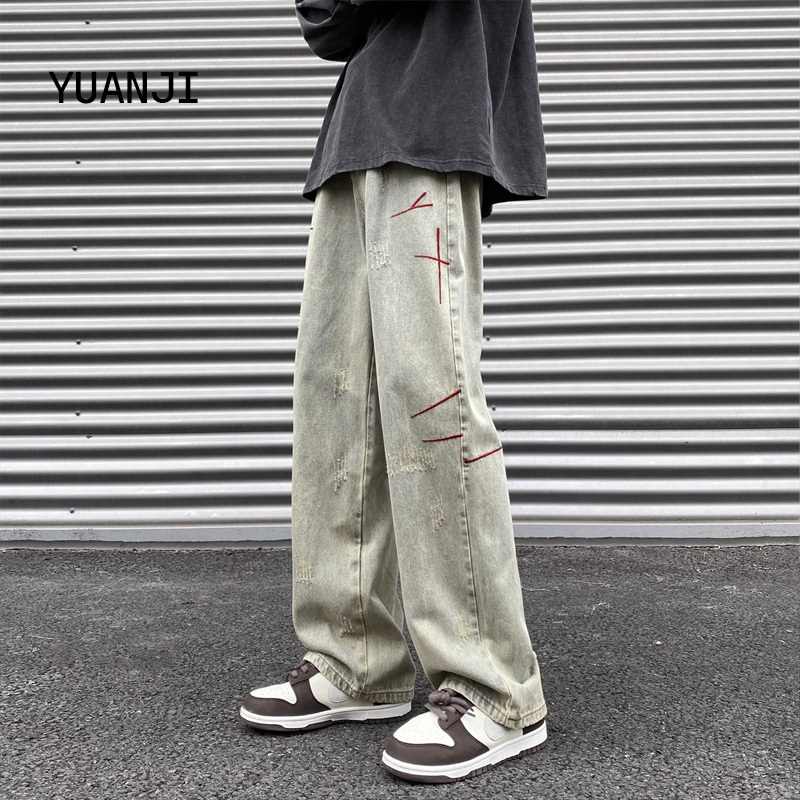 Yellow Mud-Dyed Brushed Denim Jeans for Men, Summer Thin Style, American High Street Fashion Brand, Vintage Distressed Straight-Leg Loose Pants