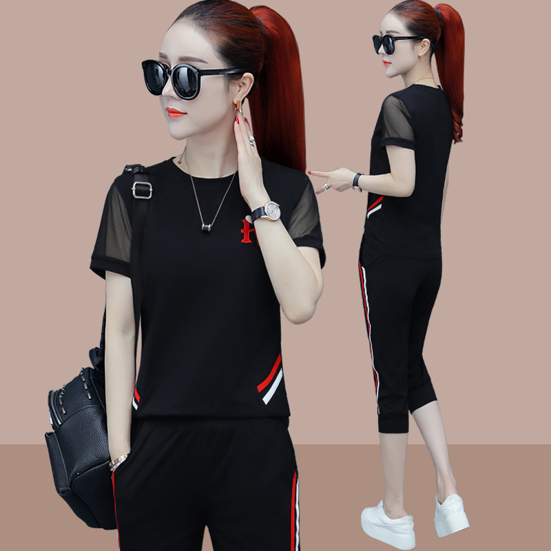 Sports Suit Women Summer 2020 New Fashion Big Size Slim slim short sleeves Seven Pants Running Casual Wear two sets thin