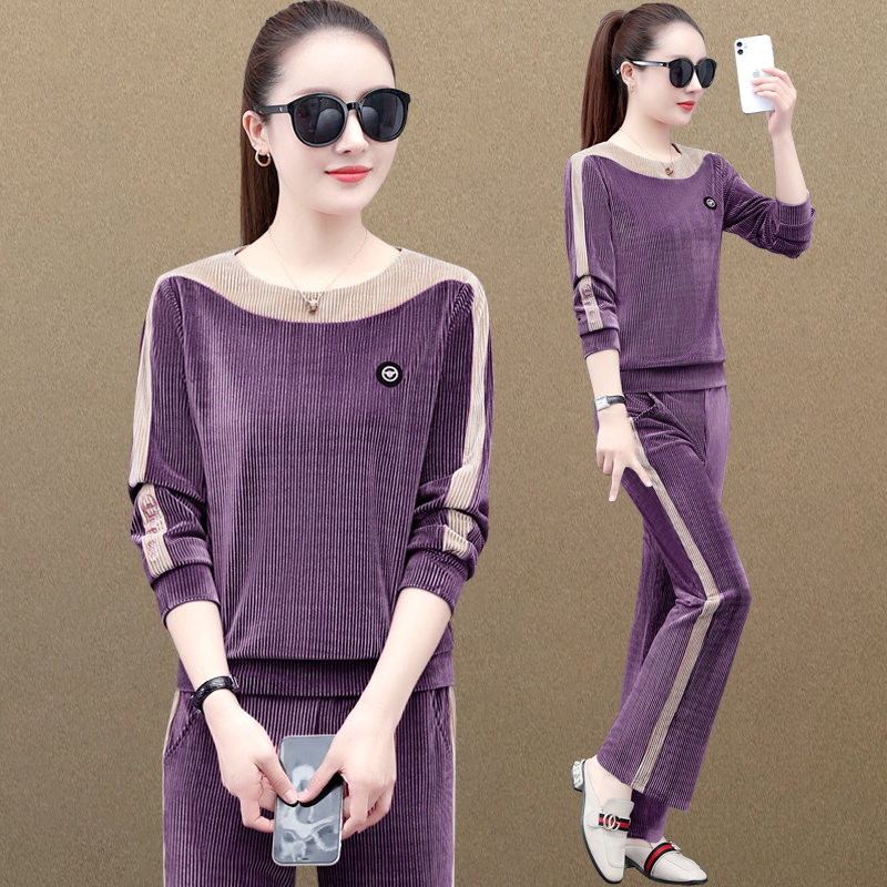 2022 New Spring Autumn Casual Fashion Sports Running Suit Gold Velvet Suit Women Light Core Suede Round Collar Two Sets Tide