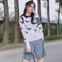 TB round neck knitted cardigan early autumn and winter new puppy white gray navy blue wool blend slightly loose three-color weave