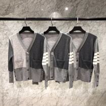 TBV collar knitted cardigan autumn and winter 2021 cashmere gray color matching cardigan four-bar cardigan jacket men and women sweater s
