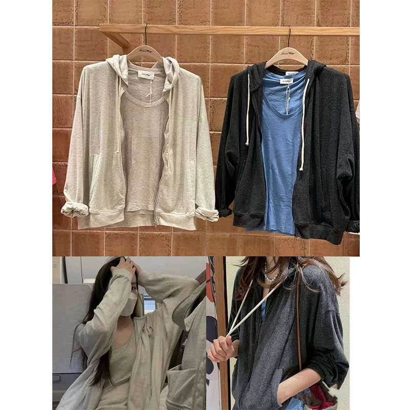 Americ** Vintage Zhou Yutong Style Distressed Sweatshirt Jacket with Drawstring Hood, Autumn and Winter Zip-Up Jacket