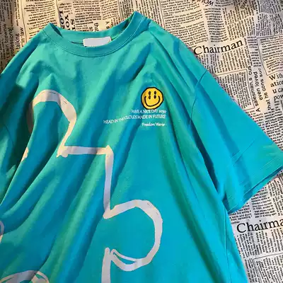 American retro tide brand ins puzzle smiley face print couple T-shirt short sleeve 21 spring and summer New loose Joker men and women