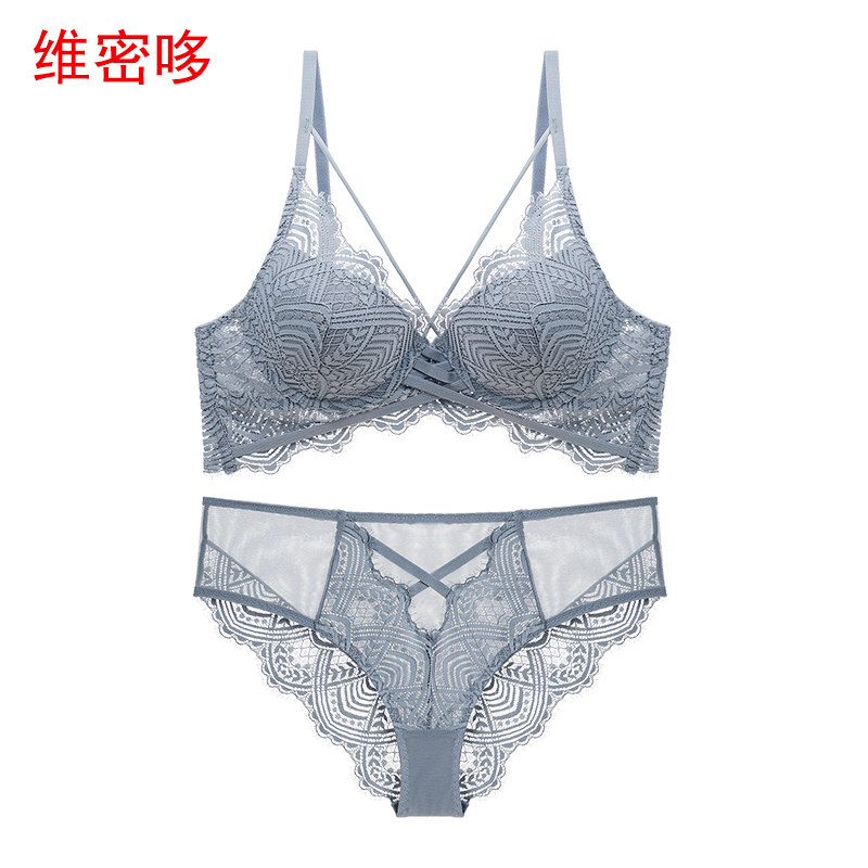 Wei Mi duo Europe and the United States sexy deep v strap beauty bra lace underwear women's complete set of upper thin and lower thick gathered bra