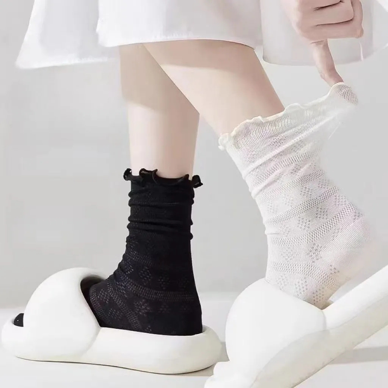 White Socks with Ruffled Edges, Summer Mid-Calf, Trendy, Versatile, Thin, Korean Style, Hollow Mesh, Lace, Chanel-Inspired, Japanese Style