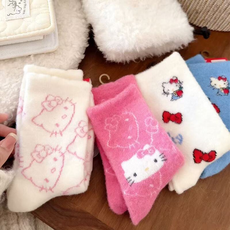 Hello Kitty Autumn and Winter Warm Thickened Fleece-Lined Home Floor Socks Japanese Cute Cartoon Girl Sweet Student