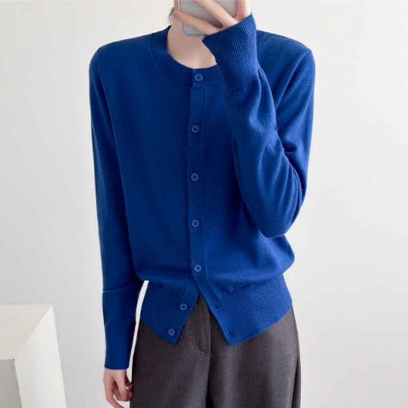 Machine Washable Wool Blend Klein Blue Knitted Cardigan for Women, Early Autumn New Versatile Round Neck Blue Sweater Jacket
