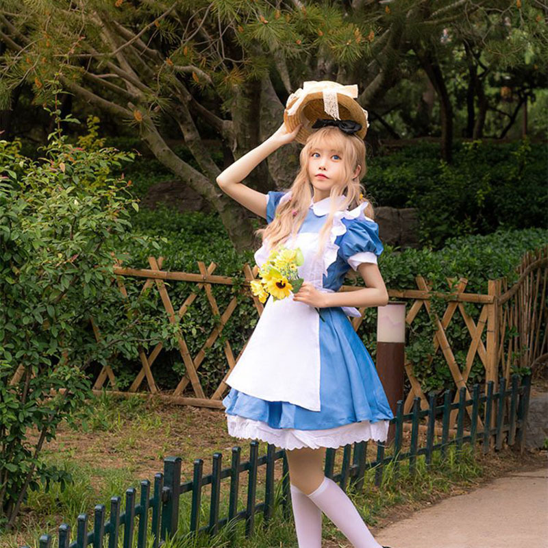 Halloween Cos Costume Blue Alice in Wonderland Girl Loli Cute Maid Cosplay Dress