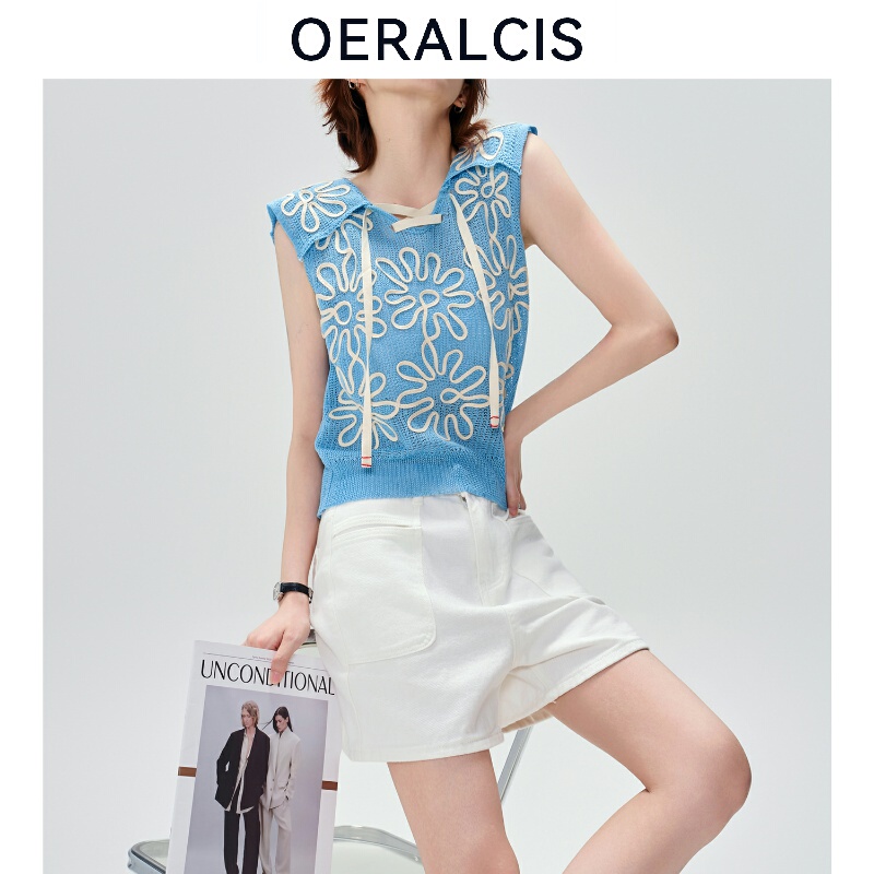 Oeralcis French-Style Blue Striped Floral Embroidered Sailor Collar Tie Short-Sleeve Sleeveless Vest Top