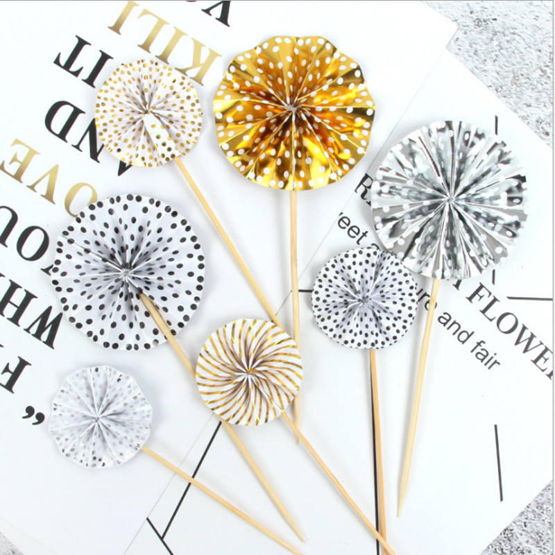 Sunflower folding fan cake plug-in golden paper fan birthday decoration flag silver polka dot round garland card