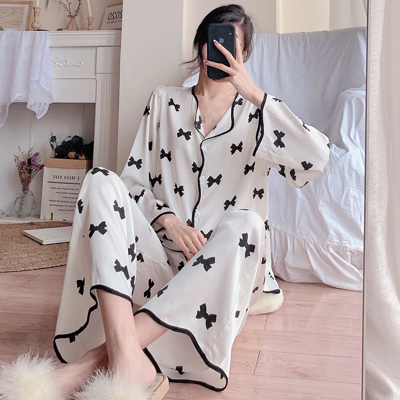 Silk pajamas women autumn long sleeves thin print bow sexy can be worn loose simple loungewear set