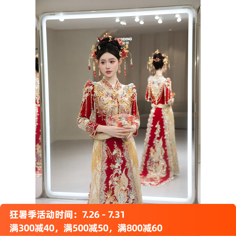 Red Chinese-Style Xiuhe Wedding Dress for Brides, 2026 New Model, Petite Size, Heavy Craftsmanship, Long Train, Dragon and Phoenix Gown, Summer Reception Dress