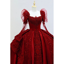 Fan-style red wedding dress 2024 new brides at large princess palace wind long sleeve main yarn big trailing little girl