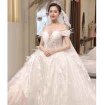  One-shouldered light main wedding dress 2021 new bridal temperament heavy industry luxury trailing starry sky Qiqi white female