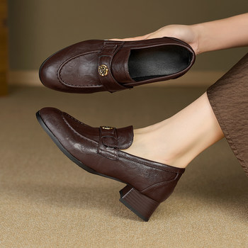 Metal buckle thick medium heel single shoes large size leather shoes 41-43