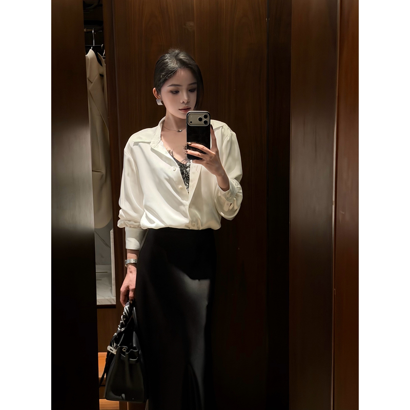 Chuyuqi Durable Shirt Glossy Lace Patchwork Shirt for Women High-End Elegant Satin Long Sleeve Top