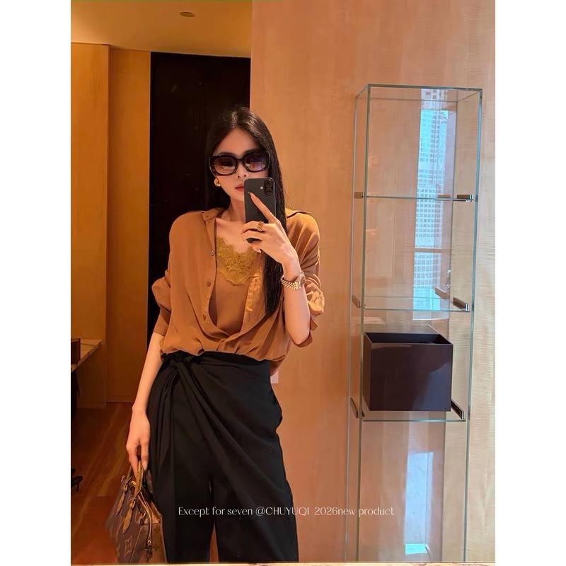 Chuyuqi Encounter Narrative 100% Rayon French-Style Faux Two-Piece Lace Camisole Shirt, Autumn Elegant Top