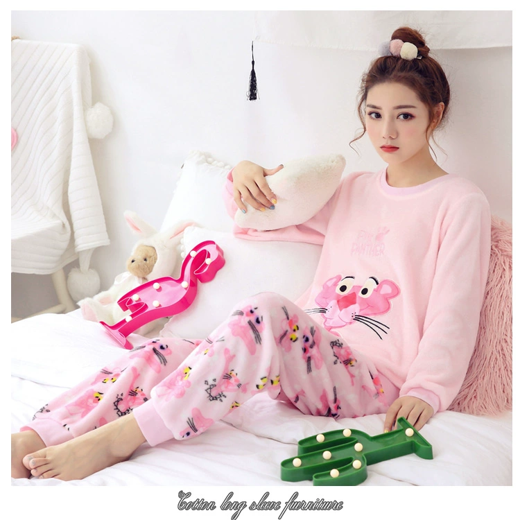 Bộ đồ ngủ nữ mùa đông san hô nhung tròn cổ phiên bản Hàn Quốc của những mẫu mùa thu đông dễ thương dày tay dài flannel nữ phục vụ nhà phù hợp thời trang mặc nhà 