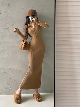 Younggirlday pure and sexy sexy slim lapel long sleeve knitted hip fish tail dress long skirt