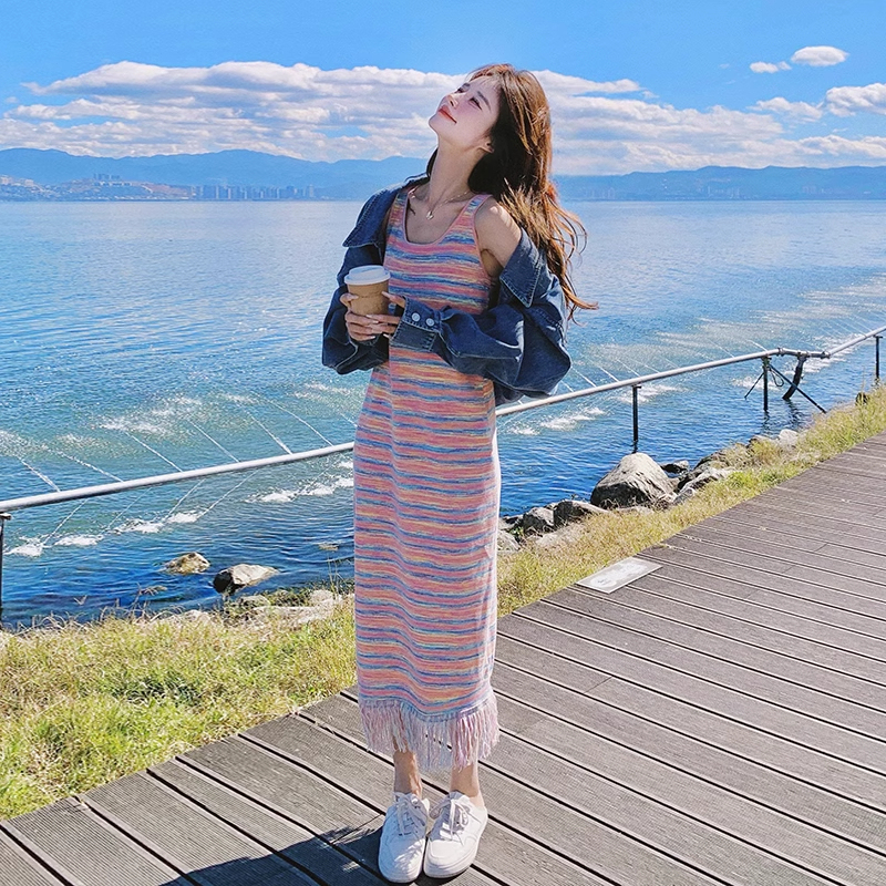2025 Summer New Dopamine Style Colorful Striped Knitted Tassel Dress Women's Summer Stunning Camisole Dress