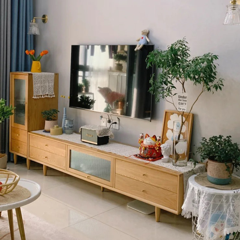 Solid wood TV cabinet Tea Table Composition Living Room Nordic Bedrooms Oak Wood Original Wood Color Modern Minima type of ground cabinet