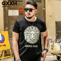 GxxH Tide Brand Size Mens Wear Plus Fat Cartoon Lion Head Letter Pattern Print Short Sleeve Round Neck T-shirt