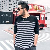 GxxH Plus Size Mens Long Sleeve T-Shirt Fat Mens Striped base shirt Crewneck Plus Size T-Shirt Spring