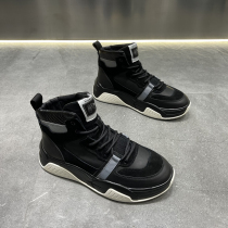 Genuine leather cotton shoes mens winter warm plus velvet high-top shoes Korean style trendy thick-soled sports shoes mens all-match casual shoes