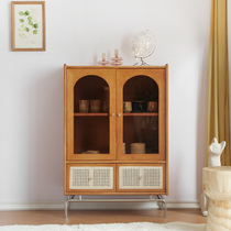Home solid wood rattan sideboard locker retro cabinet wabi-sabi medieval locker glass tea cabinet wine cabinet