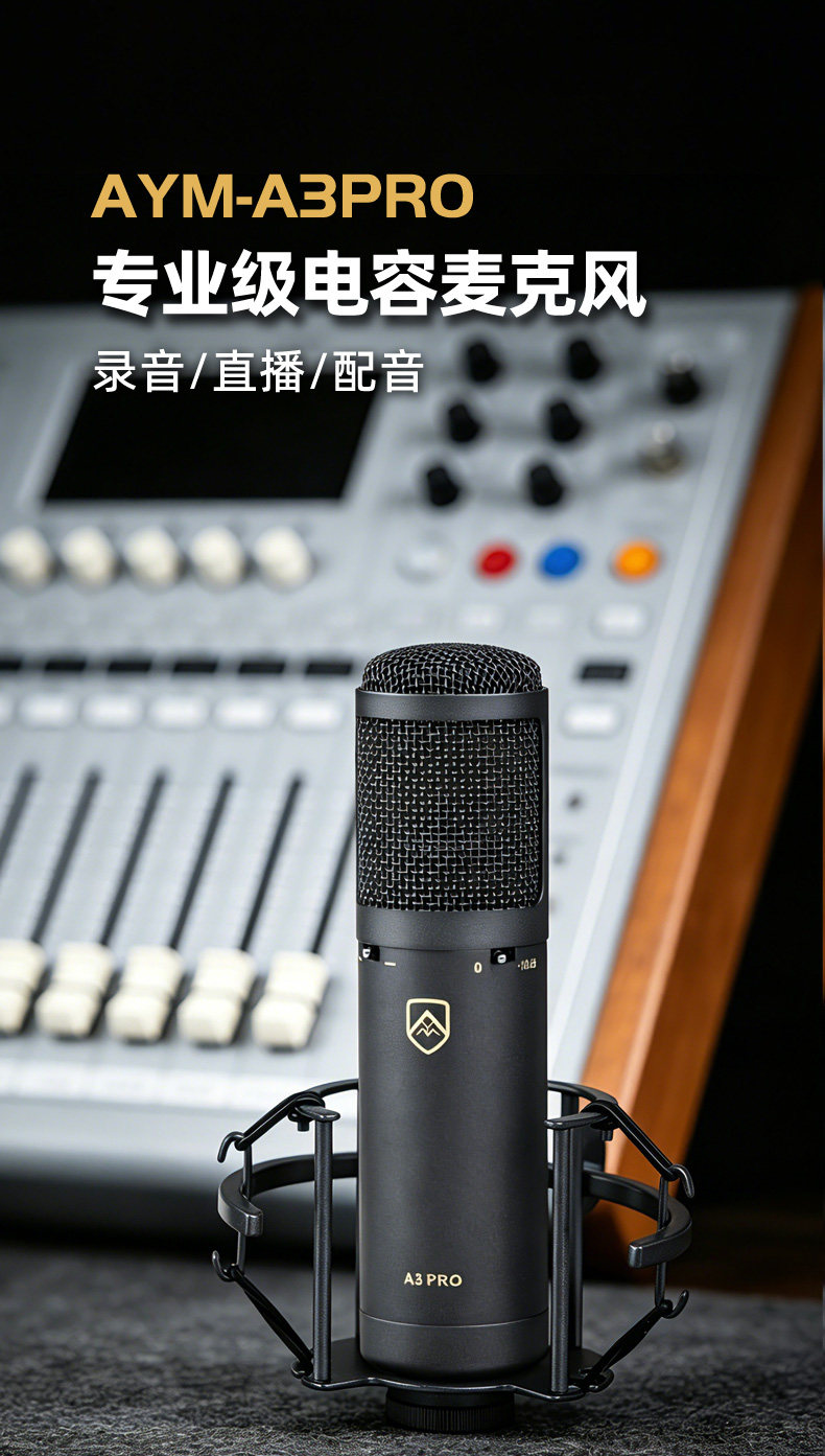 AYM A3 Pro大振膜电容话筒 有线录音配音直播 K 歌专业收音麦克风