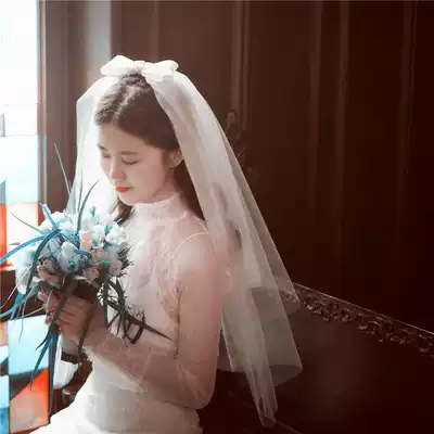Simple Korean wild retro white with comb organza bridal veil Seaside travel bow veil