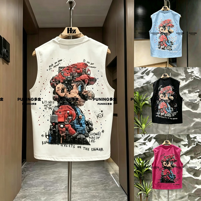 American Street Cartoon Pixel Print Pure Cotton Vest Men's Summer Loose Casual Trendy T-Shirt