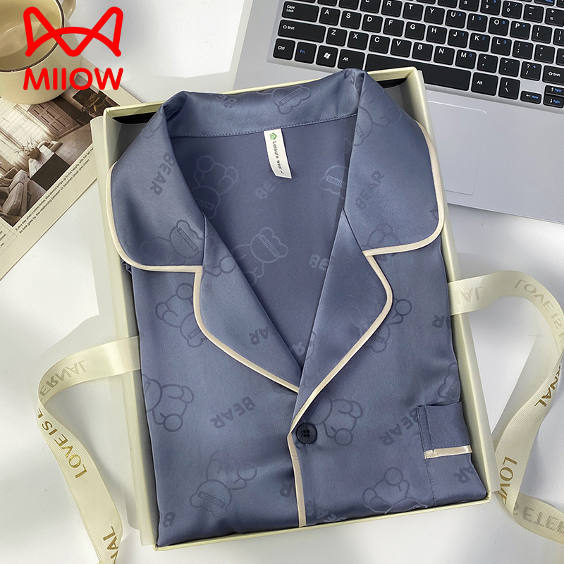 Catman Ice Silk Pajamas Men's Summer Silk Short-Sleeved Long Pants Three-Piece Set Home Clothes Gift Box for Dad and Boyfriend