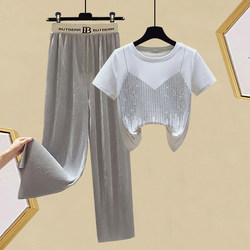 Xiaoxiang ແບບສອງສິ້ນ summer loose heavy duty fake two-piece T-shirt for women + elastic waist slimming leg ice silk pants