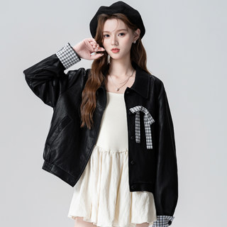 Black Lapel Leather Jacket for Women, Spring and Autumn 2026 New Plaid Patchwork Pu Leather Cardigan Short Top