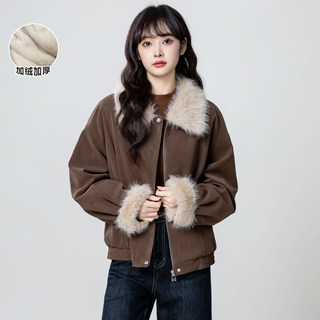 Brown Fur Collar Leather Jacket for Women, Winter 2026 New Style, Warm Fleece-Lined Thickened Turn-Down Collar Jacket Cardigan Top