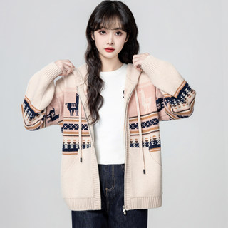 Fair Isle Hooded Sweater Jacket for Women, Autumn and Winter 2025 New Thickened Double-Zip Knit Cardigan Top