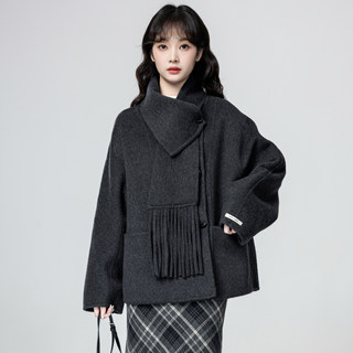 Gray Double-Sided Cashmere Woolen Coat for Women, Winter 2026 New Style, Toggle Button Woolen Cardigan with Scarf Top