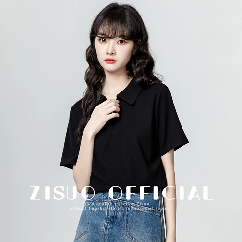 Черная летняя дизайнерская футболка с коротким рукавом, китайский стиль, тренд сезона, воротник поло