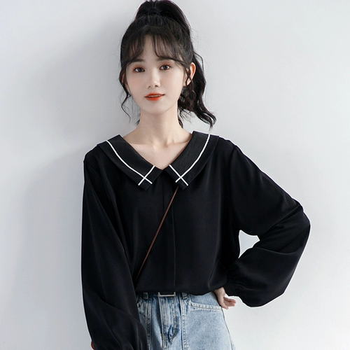 Весенняя кукла, черная шифоновая рубашка для отдыха для школьников, тренд сезона