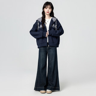 Navy Blue Hooded Sweatshirt Jacket for Women, Spring and Autumn 2025 New Style, Plaid Patchwork, Loose Zipper Cardigan Top