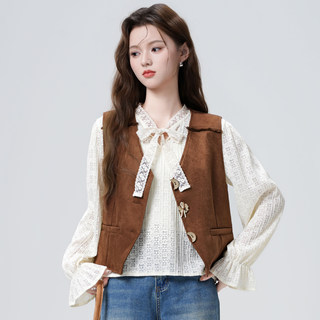 Retro Brown V Neck Vest Jacket for Women Spring and Autum 2026 New Autum Style Suede Sleeveless Short Top