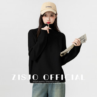 Black Half-Zip Turtleneck Sweater for Women 2024 Autumn and Winter New Design Loose Thickened Knitwear Outerwear
